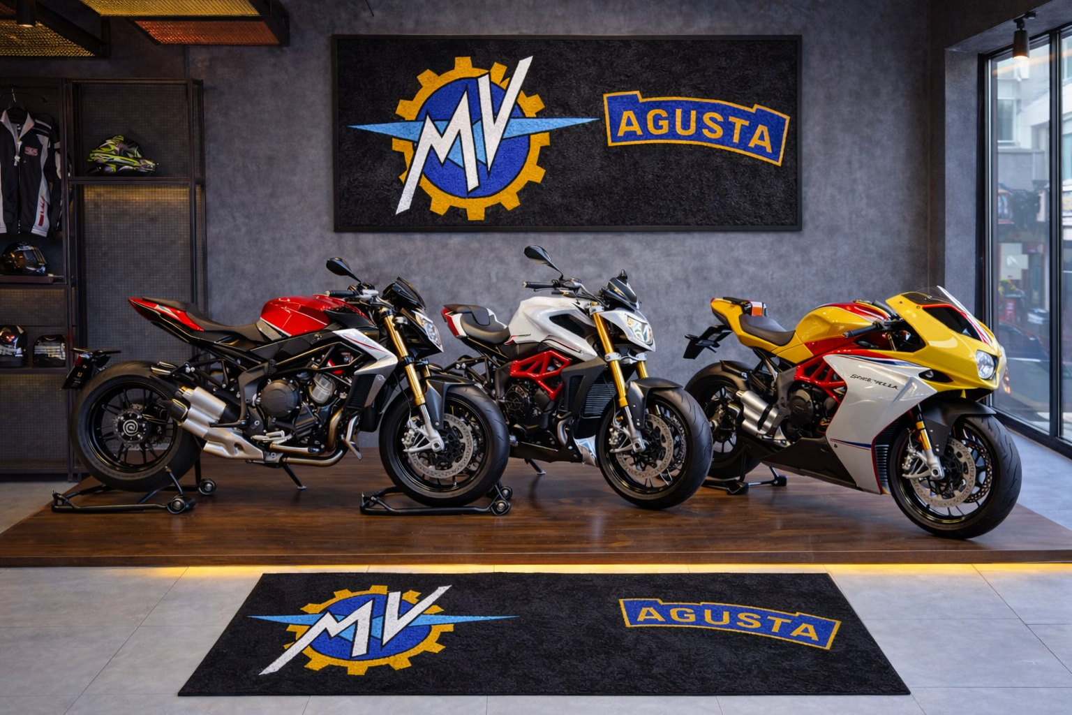 MV AGUSTA Motorcycle Garage Floor Mat 32x87 Inches Premium Showroom Rug