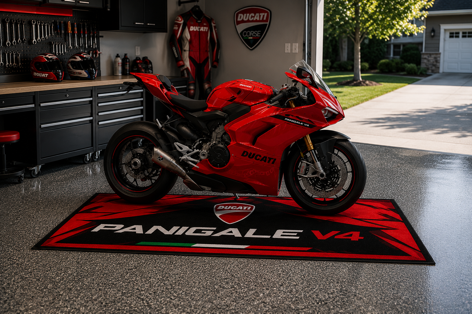 Ducati Panigale V4 Motorcycle Garage Mat – Premium 32x87 Inch Parking Floor Mat