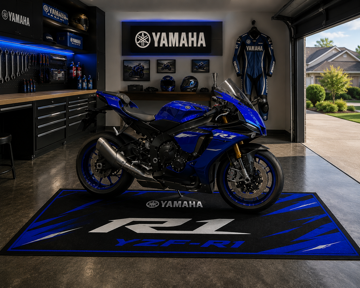 Yamaha YZF-R1 Motorcycle Garage Mat – Premium 32x87 Inch Parking Floor Mat
