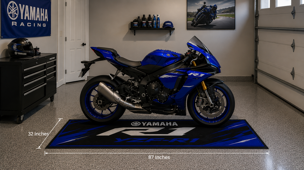 Yamaha YZF-R1 Motorcycle Garage Mat – Premium 32x87 Inch Parking Floor Mat