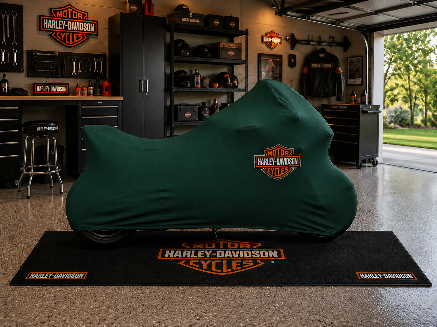 Harley Davidson Motorcycle Rug & Cover BUNDLE – Choose Indoor or Outdoor Cover