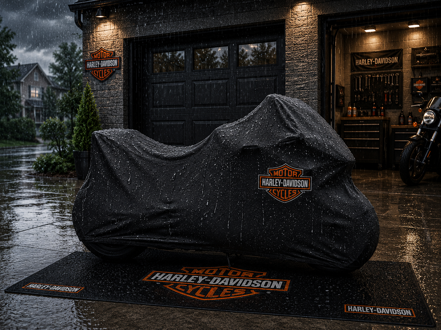 Harley Davidson Motorcycle Rug & Cover BUNDLE – Choose Indoor or Outdoor Cover