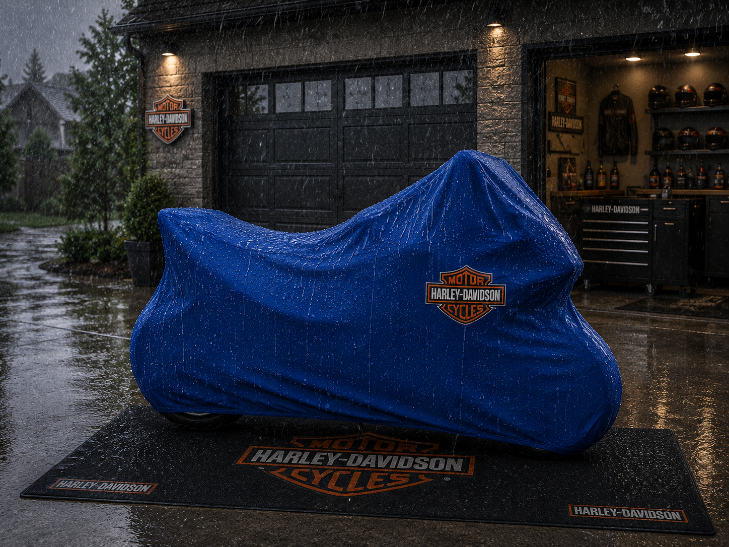 Harley Davidson Motorcycle Rug & Cover BUNDLE – Choose Indoor or Outdoor Cover