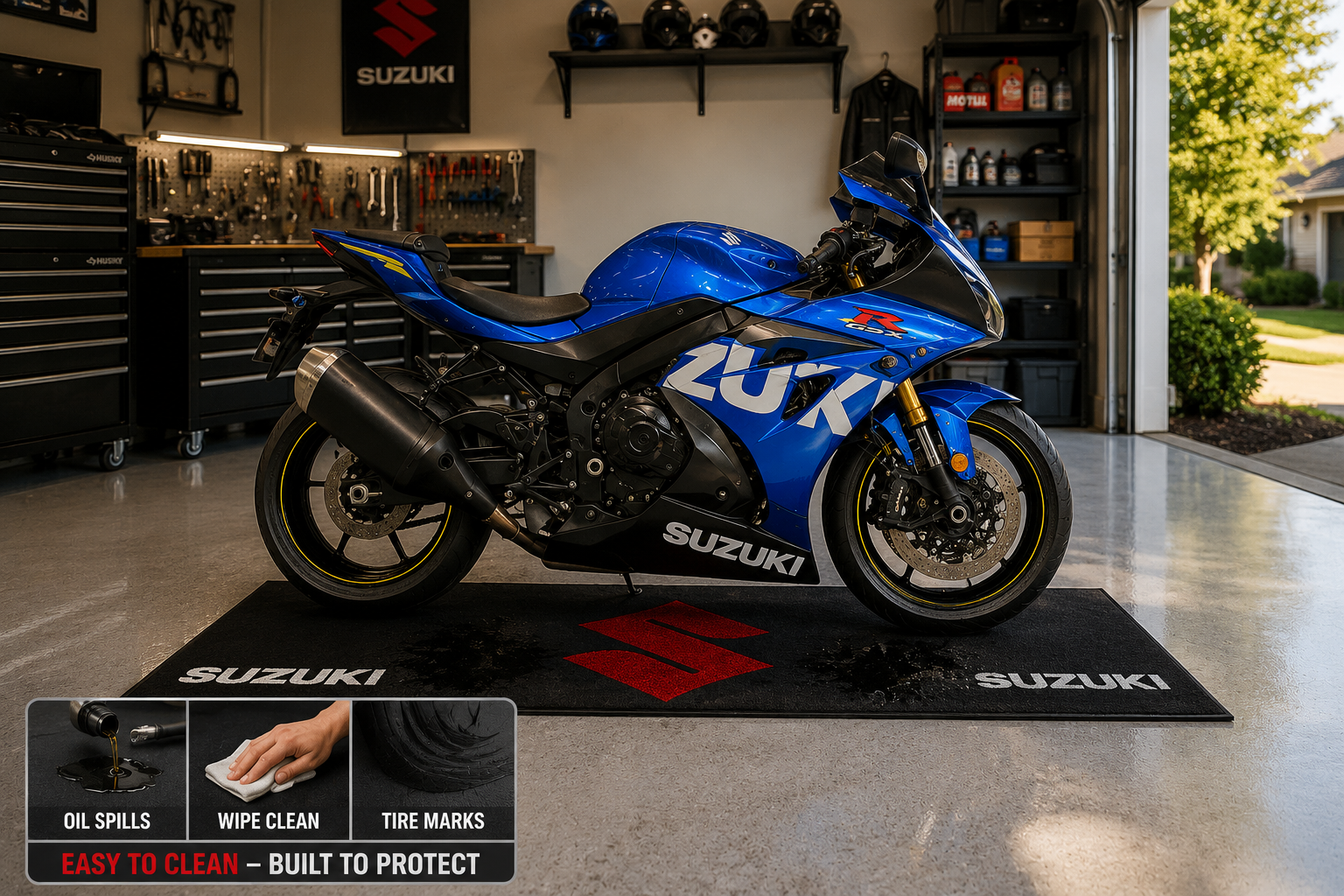 Suzuki Motorcycle Garage Mat – Premium 32x87 Inch Parking Floor Mat