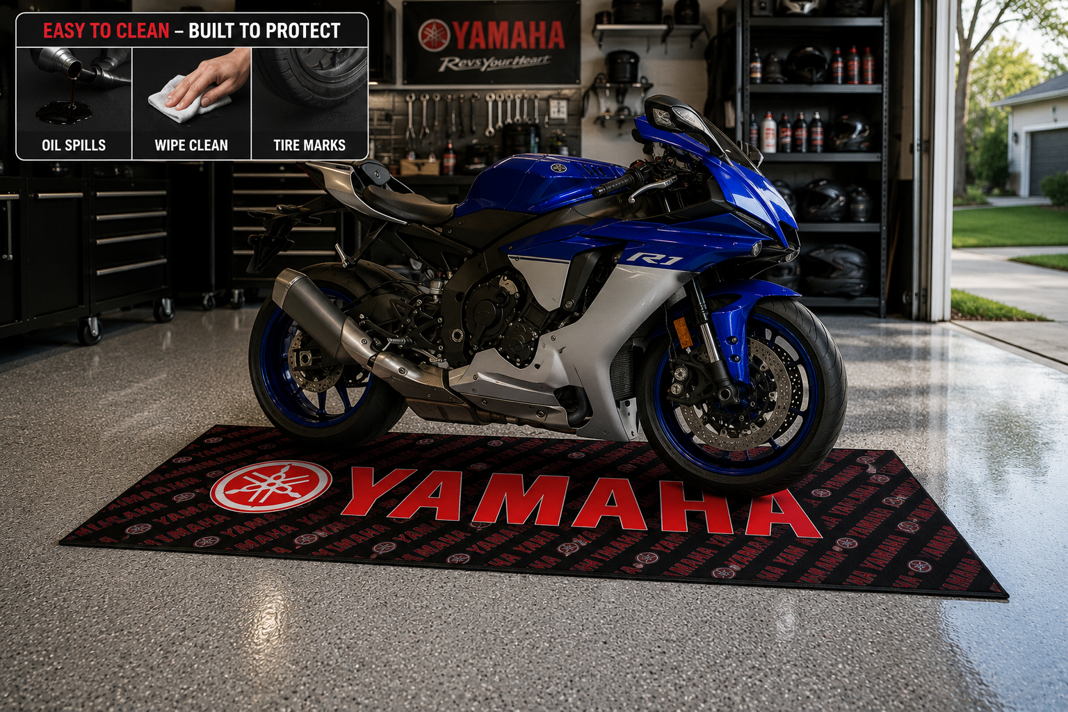 Yamaha Motorcycle Garage Mat – Premium 32x87 Inch Parking Floor Mat