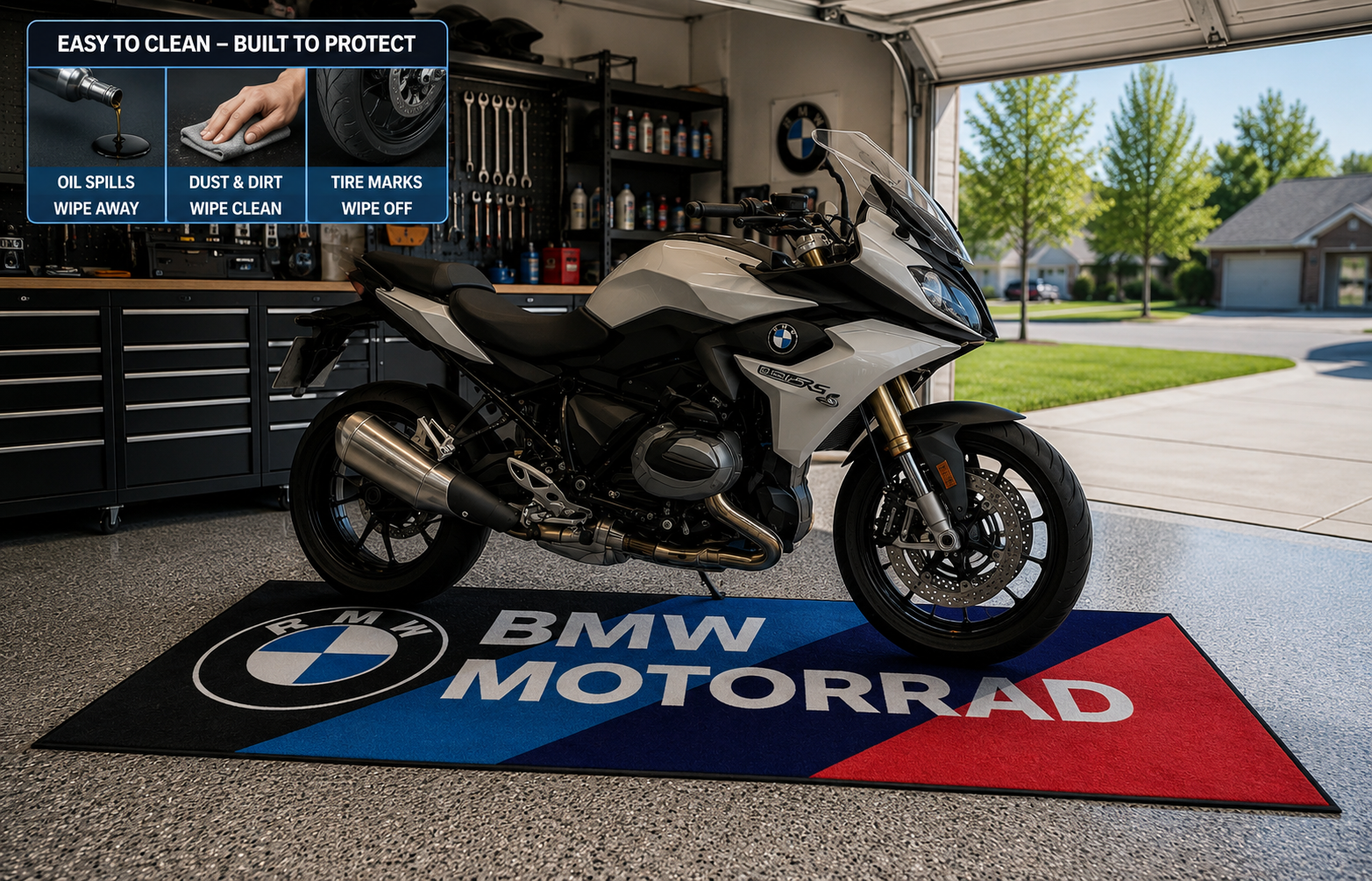 BMW M Motorcycle Garage Mat – Premium 32x87 Inch Parking Floor Mat