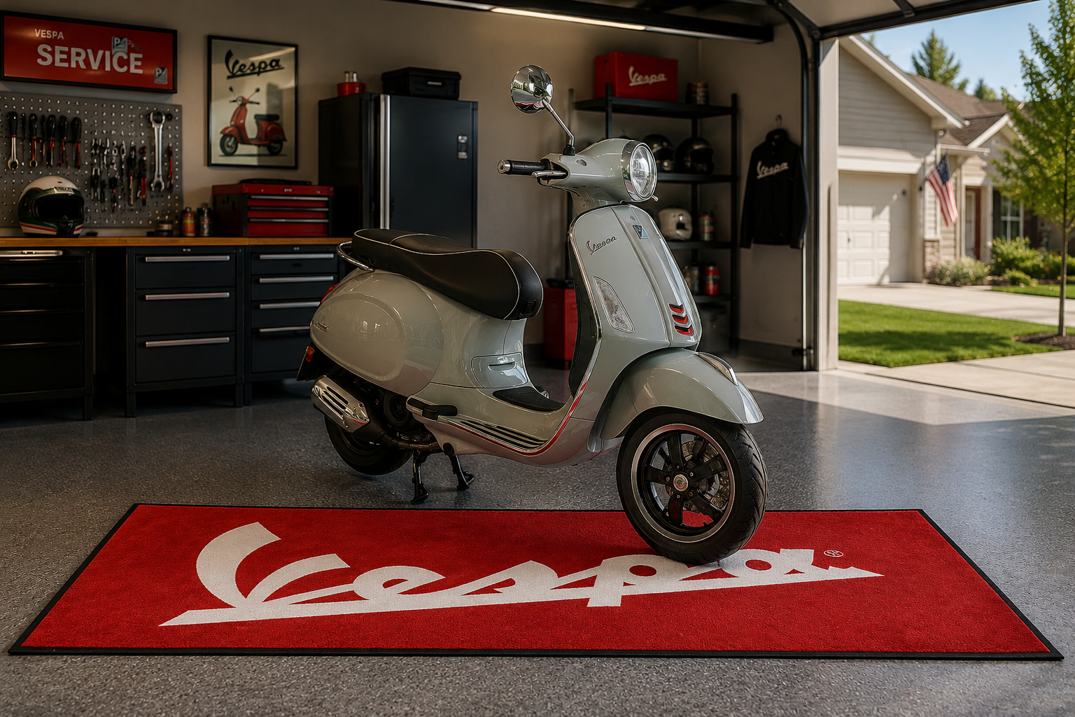 Vespa Motorcycle Garage Mat – Premium 32x87 Inch Parking Floor Mat