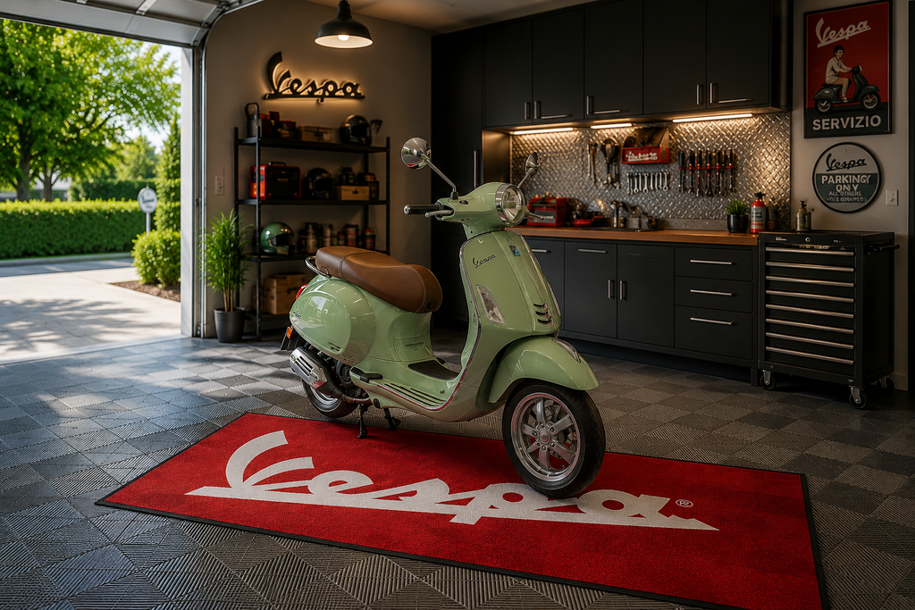 Vespa Motorcycle Garage Mat – Premium 32x87 Inch Parking Floor Mat
