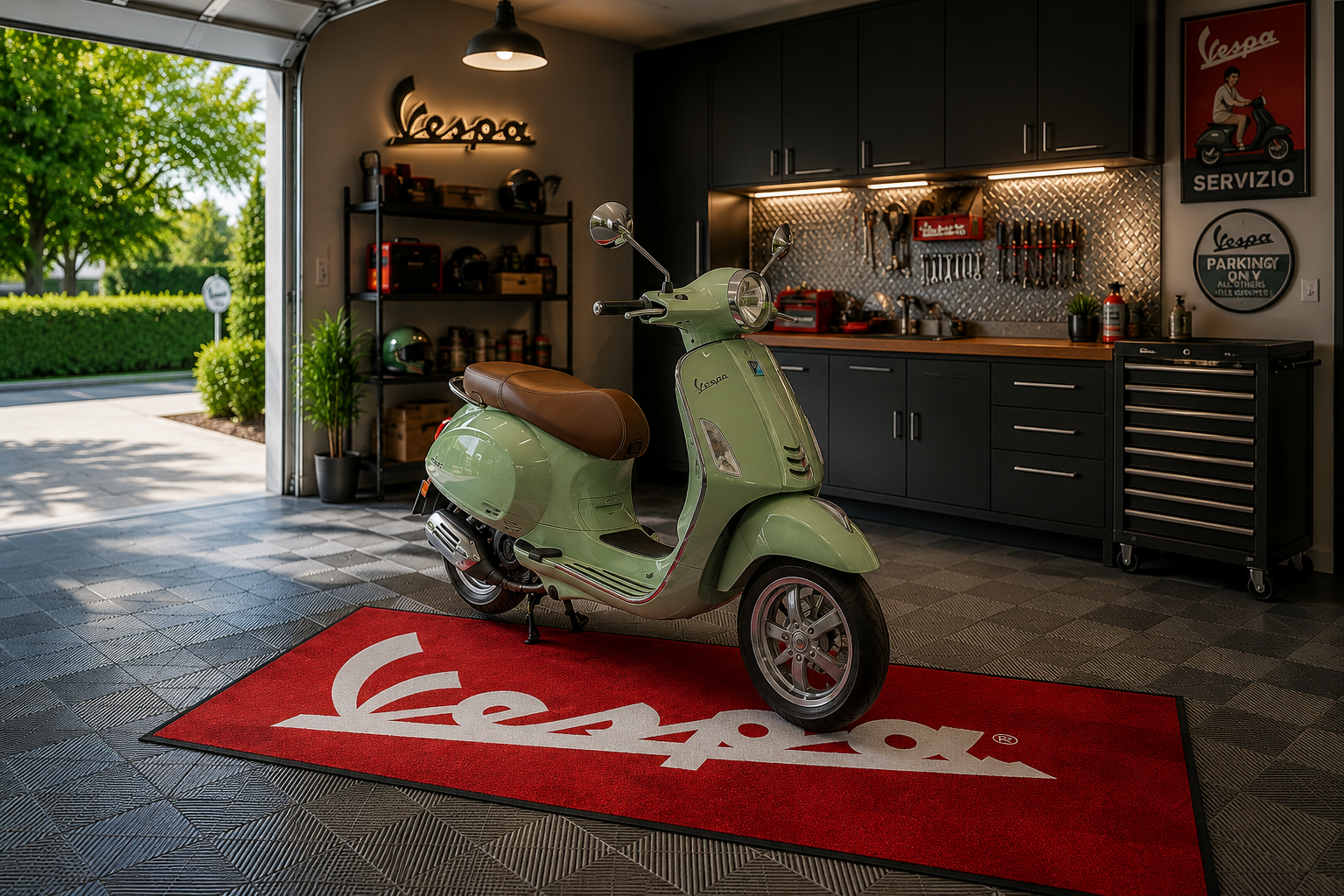 Vespa Motorcycle Garage Mat – Premium 32x87 Inch Parking Floor Mat