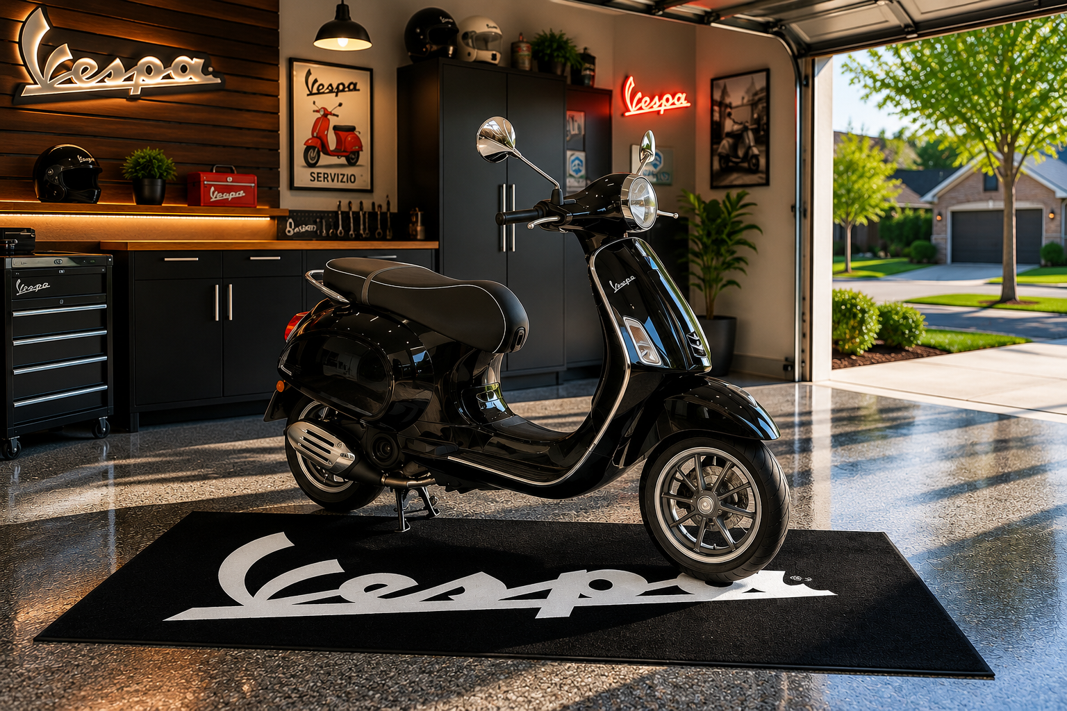 Vespa Motorcycle Garage Mat – Premium 32x87 Inch Parking Floor Mat