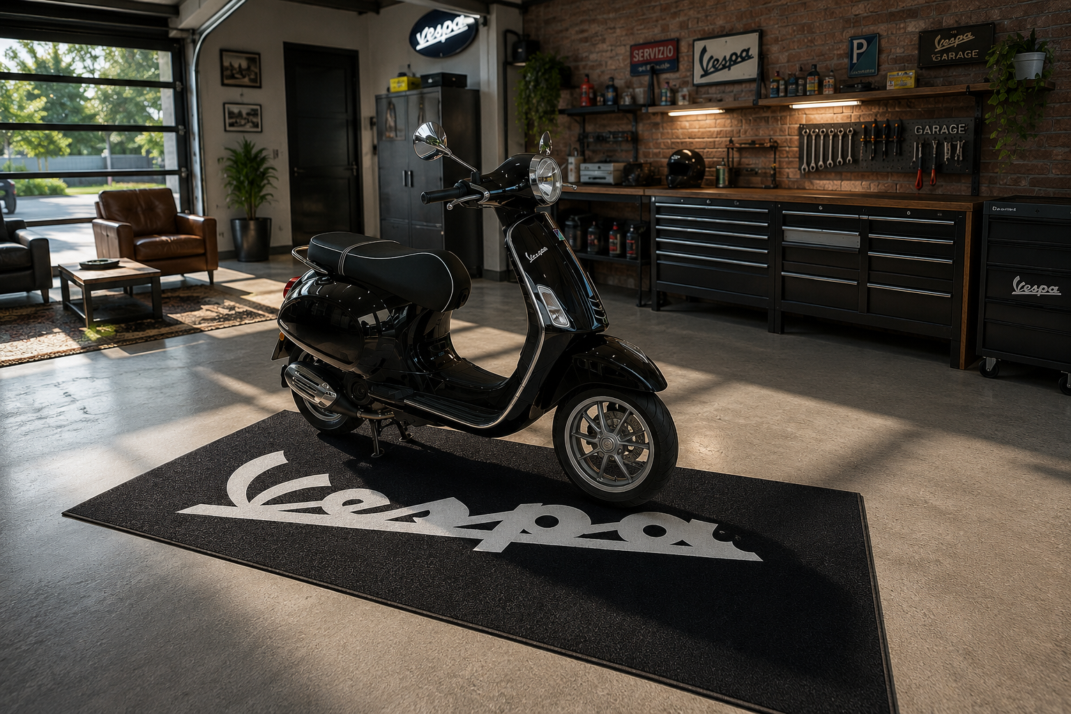 Vespa Motorcycle Garage Mat – Premium 32x87 Inch Parking Floor Mat