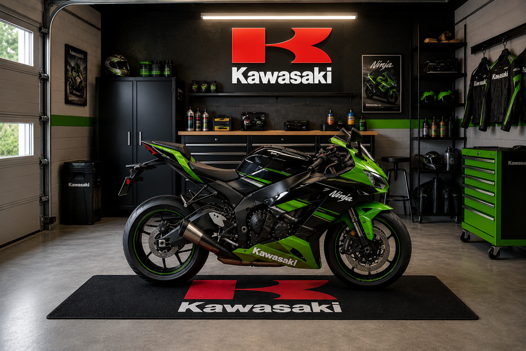 Kawasaki Motorcycle Garage Mat – Premium 32x87 Inch Parking Floor Mat