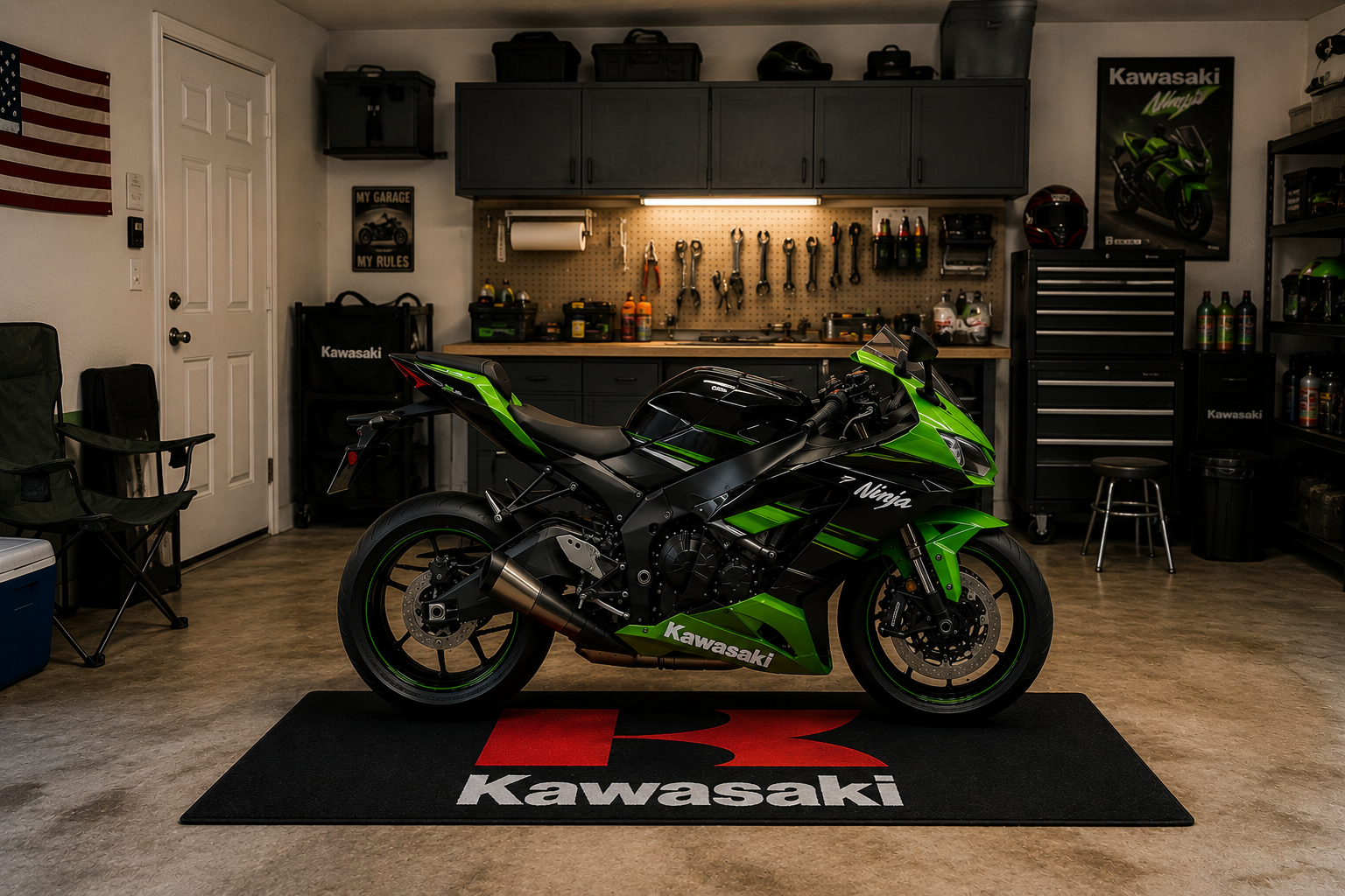 Kawasaki Motorcycle Garage Mat – Premium 32x87 Inch Parking Floor Mat