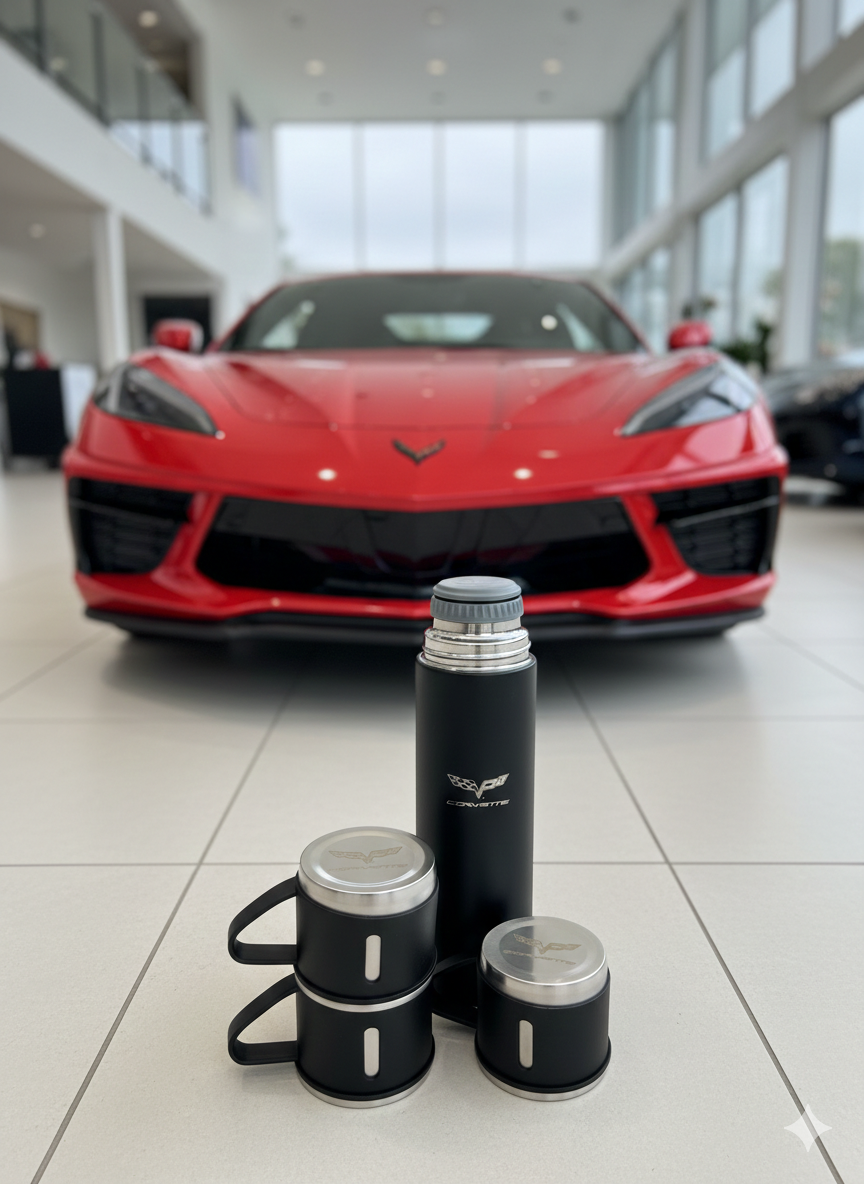Corvette Laser Logo Thermos Set 500 ml – Insulated Flask with 3 Cups