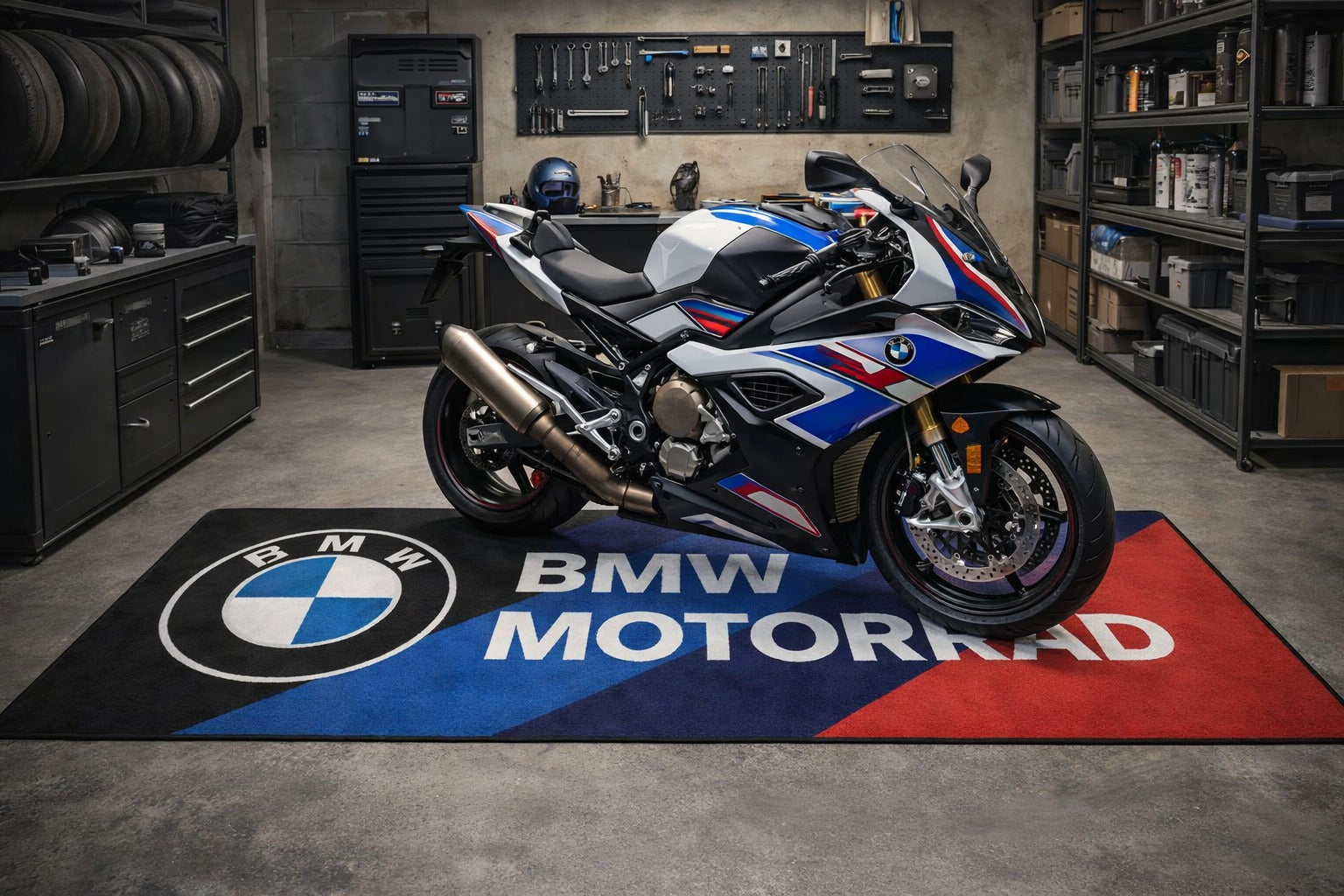 BMW M Motorcycle Garage Floor Mat 5x7 FT (60x87 Inches) Showroom Rug
