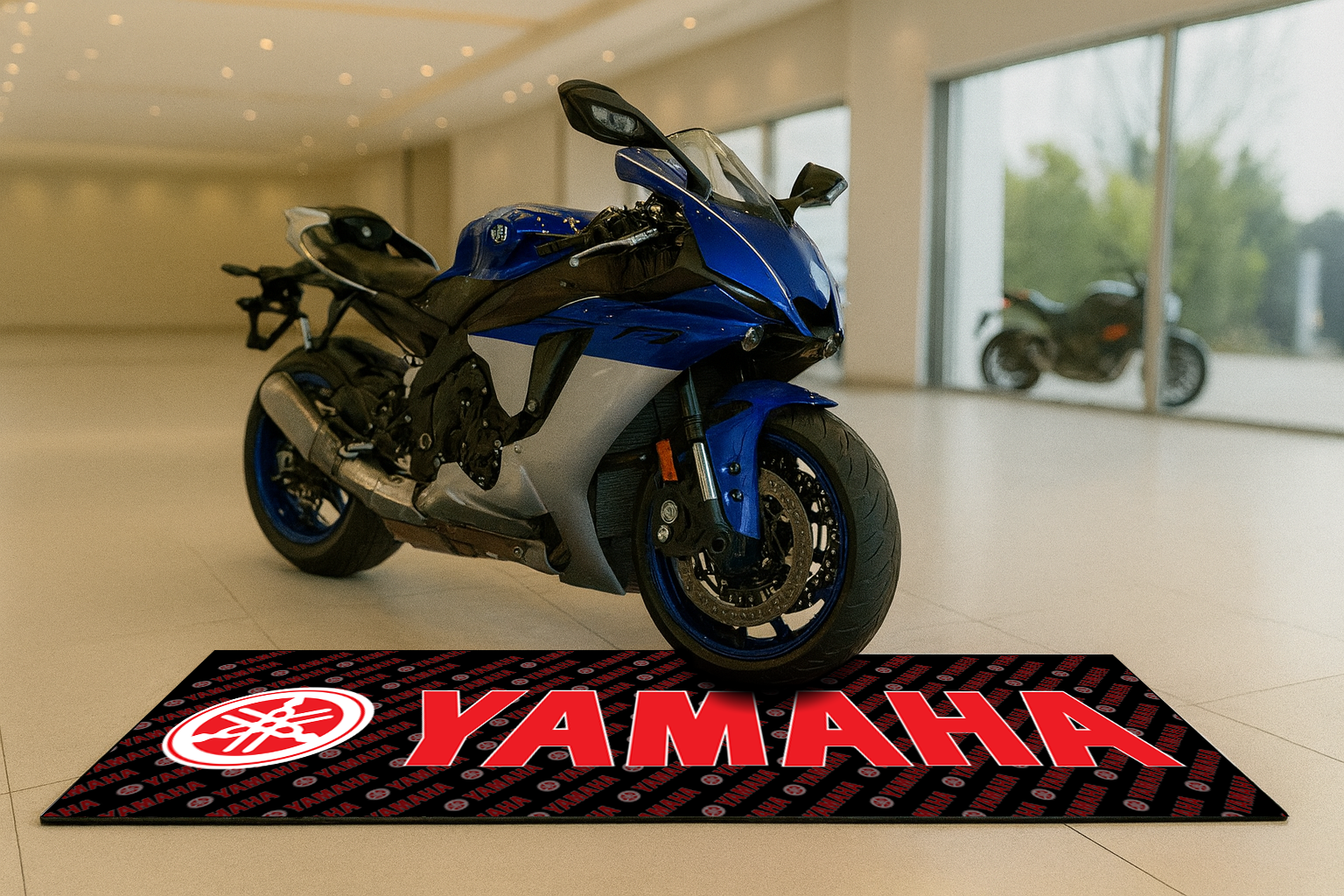 Yamaha Motorcycle Garage Floor Mat 32x87 Inches Premium Showroom Rug